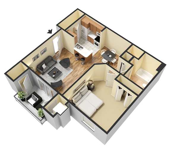 Floor Plan  A 3D floor plan of a house with a kitchen, living room, and two bedrooms.