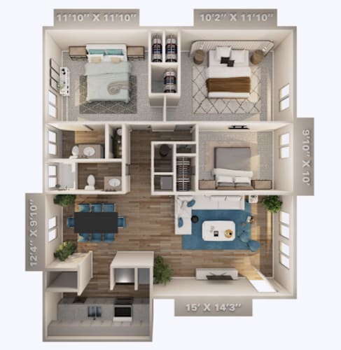 Floor Plan  A diagram of a two-story apartment with dimensions.