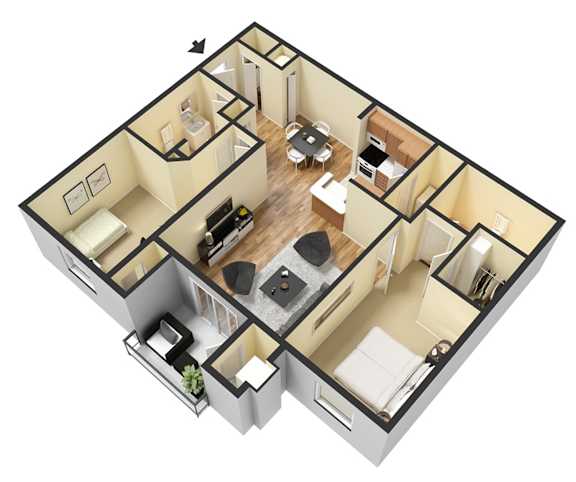 Floor Plan  A 3D floor plan of a small apartment with a kitchen, living room, and bathroom.