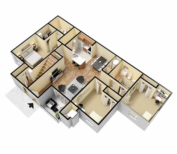 Floor Plan  A 3D floor plan of a house with a kitchen, living room, and bedrooms.