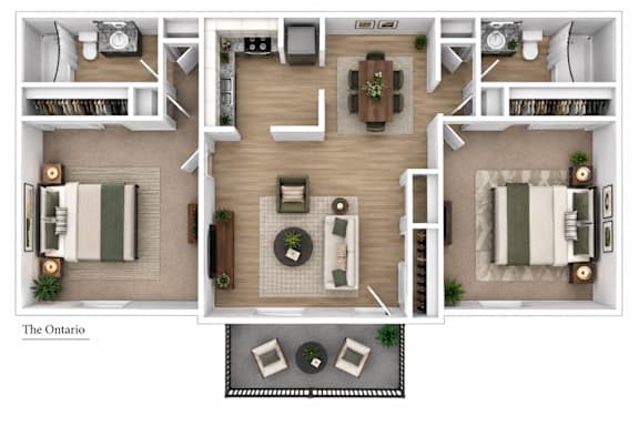 Floor Plan  A floor plan of a two-bedroom apartment with a living room, kitchen, and bathroom.