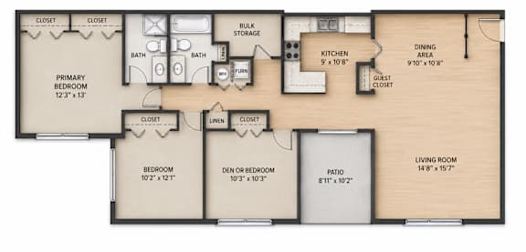 Floor Plan  A floor plan of a house with a primary bedroom, a den or bedroom, a patio, a living room, a kitchen, and a dining area.