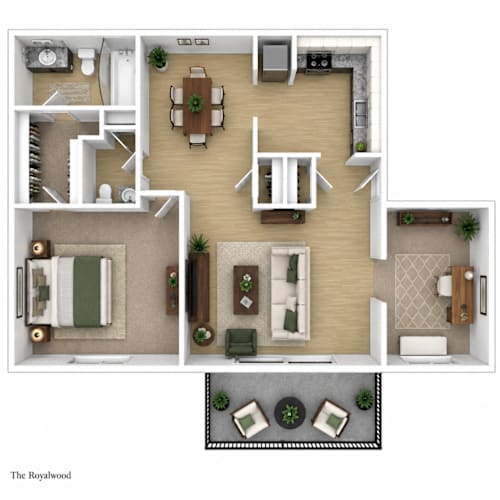Floor Plan  A 3D floor plan of a house named The Royalwood.