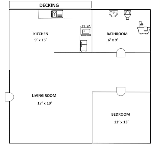 Floor Plan  A black and white image of a floor plan for a small apartment.