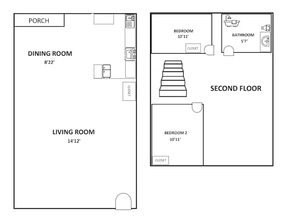 Floor Plan  A floor plan of a house with a porch, dining room, living room, and two bedrooms.