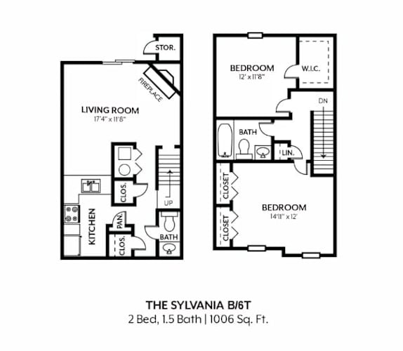 Floor Plan  A floor plan of a 2 bedroom, 1.5 bath apartment.