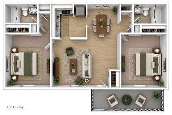 Floor Plan  A floor plan of a two-bedroom apartment named The Tuscany.