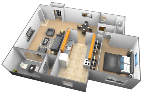 Floor Plan  Studio 1 bedroom 1 bathroom 3D floor plan at Woodridge Apartments in Randallstown, Maryland