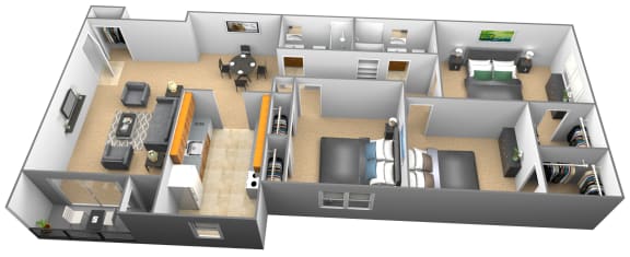 Floor Plan  3 bedroom 2 bathroom 3D floor plan at Woodridge Apartments in Randallstown, Maryland