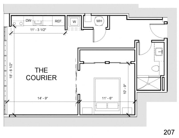 Floor Plan  a floor plan of a small house with a bedroom and a bathroom