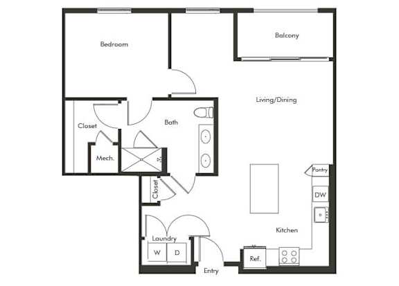 Floor Plan  One bedroom floor plan at Chromatic Flats Apartments in San Diego CA