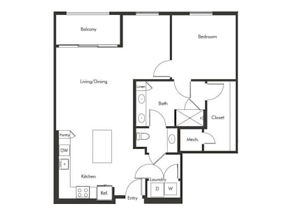 Floor Plan  One bedroom floor plan at Chromatic Flats Apartments in San Diego CA