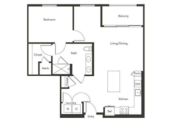 Floor Plan  One bedroom floor plan at Chromatic Flats Apartments in San Diego CA