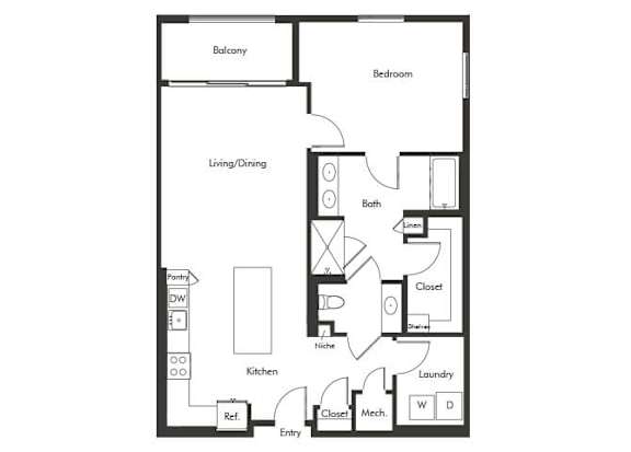 Floor Plan  One bedroom floor plan at Chromatic Flats Apartments in San Diego CA