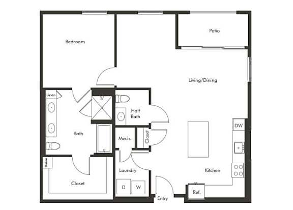 Floor Plan  One bedroom floor plan at Chromatic Flats Apartments in San Diego CA