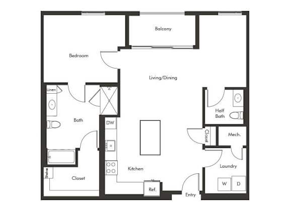 Floor Plan  One bedroom floor plan at Chromatic Flats Apartments in San Diego CA