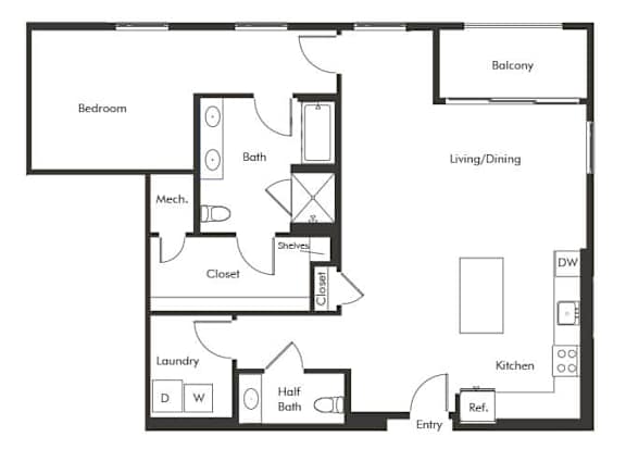 Floor Plan  One bedroom floor plan at Chromatic Flats Apartments in San Diego CA