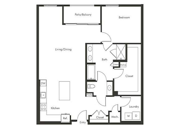 Floor Plan  One bedroom floor plan at Chromatic Flats Apartments in San Diego CA