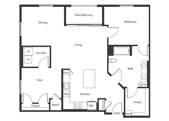 Floor Plan  One bedroom floor plan at Chromatic Flats Apartments in San Diego CA