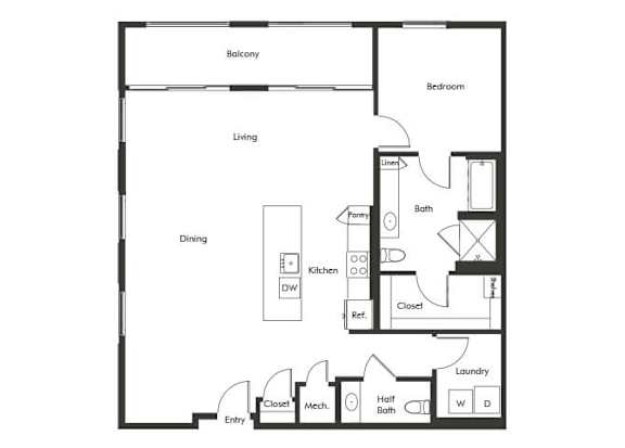Floor Plan  One bedroom floor plan at Chromatic Flats Apartments in San Diego CA