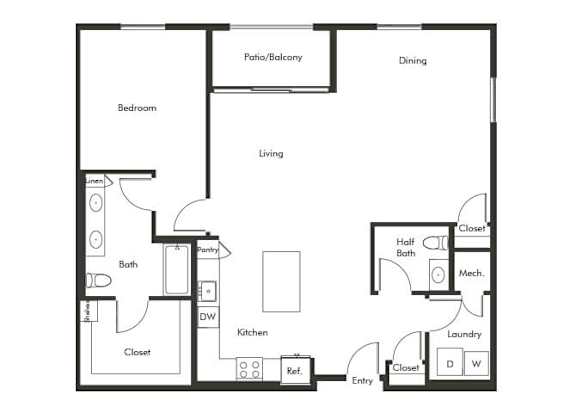 Floor Plan  One bedroom floor plan at Chromatic Flats Apartments in San Diego CA