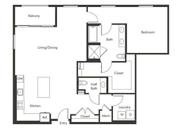 Floor Plan  One bedroom floor plan at Chromatic Flats Apartments in San Diego CA