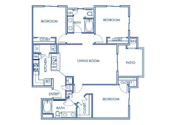 Floor Plan  Three bedroom floor plan at Cresterra Apartments in San Marcos CA