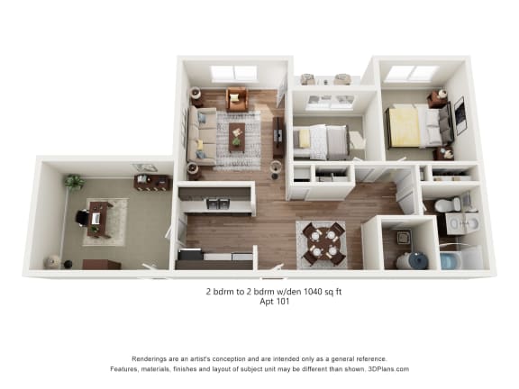 Floor Plan  2-bedroom, 1 bathroom apartment with den.