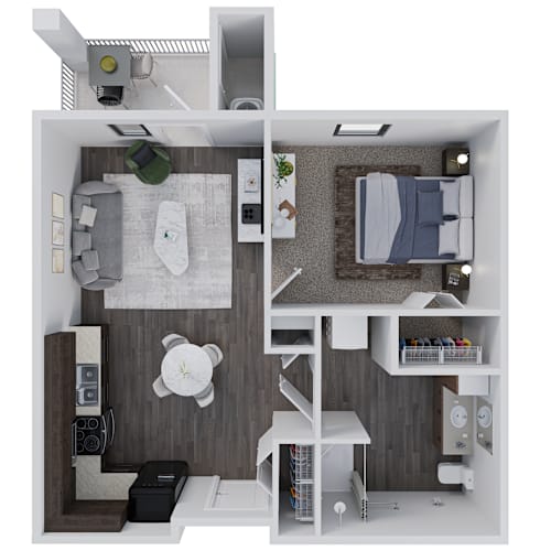 Floor Plan  A 3D rendered image of a modern bedroom with a bed, nightstand, and shelves.