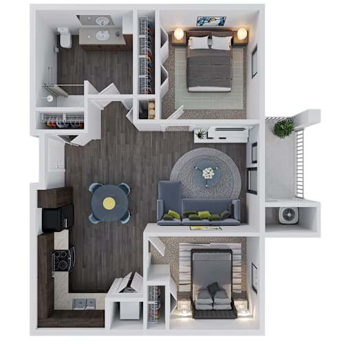 Floor Plan  A 3D floor plan of a small apartment with a bedroom, living room, and kitchen.