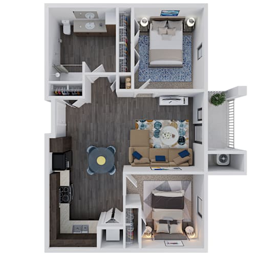 Floor Plan  A 3D floor plan of a small apartment with a living room, kitchen, and bedroom.