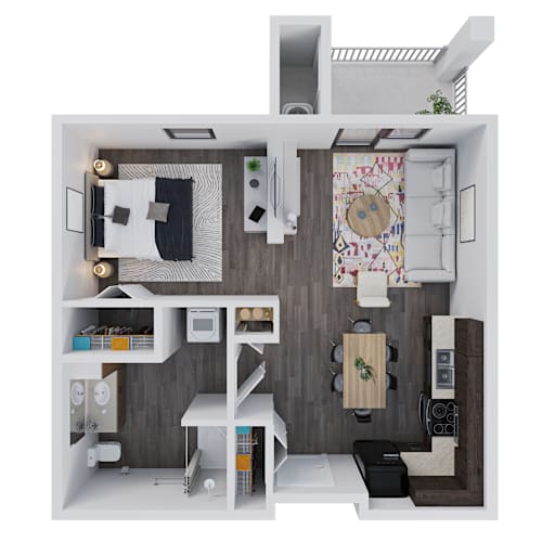 Floor Plan  A modern kitchen with a wooden backsplash and a white countertop.