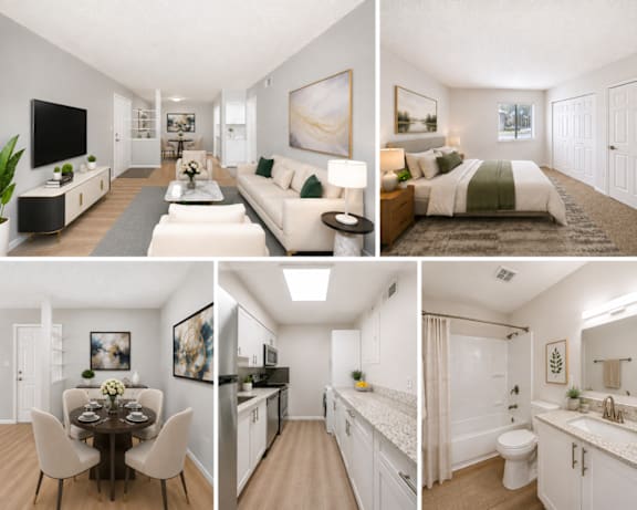 Floor Plan  A series of images showcasing a modern, well-lit, and spacious apartment with a living room, dining area, kitchen, and bedroom.