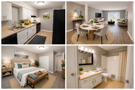 Floor Plan  A series of images showing a well-lit, modern, and clean apartment interior.