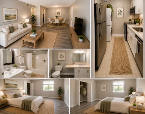 Floor Plan  A series of images showcasing a well-lit, modern, and spacious interior of a house with a kitchen, living room, and two bedrooms.