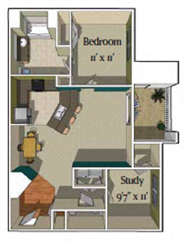 Floor Plan  Alta – 1 bedroom 1.5 bath, study