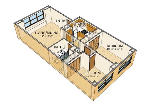 Floor Plan  Sundridge Apartments - Two-bedroom, Two-Bath Units - Two-bedroom, One and a half-Bath Units – Amherst, NY – Sweet Home School District – Air Conditioning – Electric Range – Off Street Parking- UB Nort