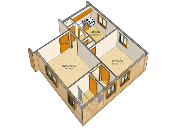 Floor Plan  Princeton Court - Studio Unit - One-bedroom, One-Bath Units - Two-bedroom, One-Bath Units - Off-street Parking - Buffalo, New York – Appliances Included – Computer Lab – Exercise Facility – On-site La