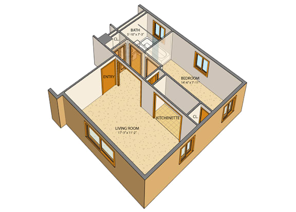 Floor Plan  Princeton Court - Studio Unit - One-bedroom, One-Bath Units - Two-bedroom, One-Bath Units - Off-street Parking - Buffalo, New York – Appliances Included – Computer Lab – Exercise Facility – On-site La