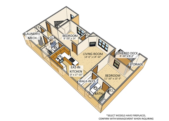Floor Plan  Stonington Park Apartments - Two-bedroom, Two-Bath Units - Two-bedroom, One and a half-Bath Units - Three-bedroom, Two-Bath Units – Getzville, NY – Williamsville School District – Fireplace – Air Cond