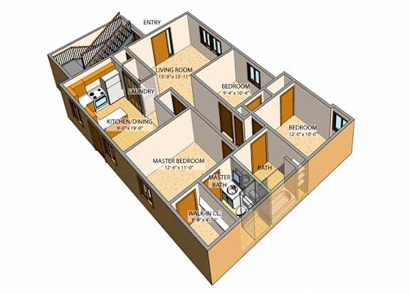 Floor Plan  Stonington Park Apartments - Two-bedroom, Two-Bath Units - Two-bedroom, One and a half-Bath Units - Three-bedroom, Two-Bath Units – Getzville, NY – Williamsville School District – Fireplace – Air Cond