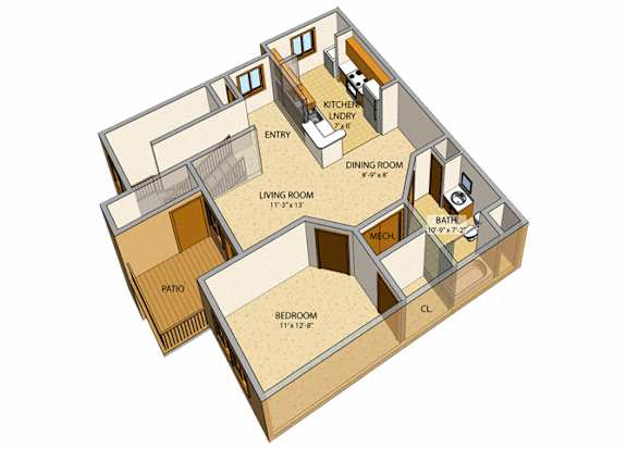 Floor Plan  Deer Lakes Apartments - One-bedroom, Two-full Bath apartments in Amherst New York – In-unit Washer and Dryer – Patio - Ask for a Tour - Pet Friendly
