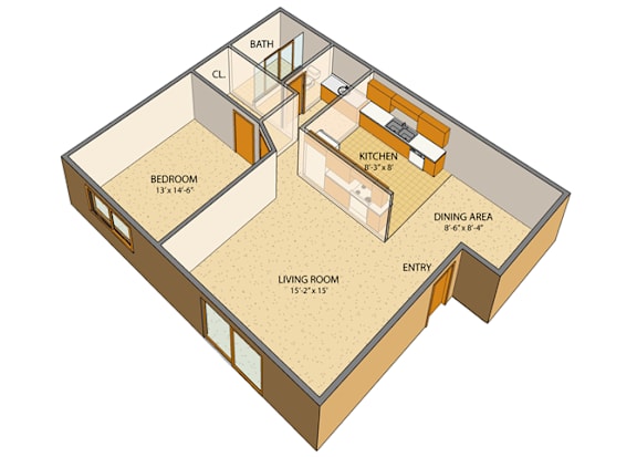 Floor Plan  London Towne Apartments - One-bedroom, One-full Bath Units in Amherst New York - Appliances Included - 24 Hour Emergency Maintenance - Swimming Pool – Tennis Court - Ask for a Tour - Pet Friendly