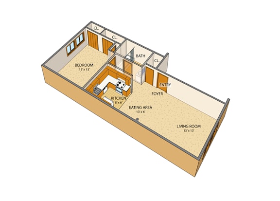 Floor Plan  Peppertree Village Apartments - One-bedroom, One-Bath Units Amherst New York – Appliances Included - 24 Hour Emergency Maintenance – Sweet Home Schools – Swimming Pool – Patio/Balcony - Private Storag