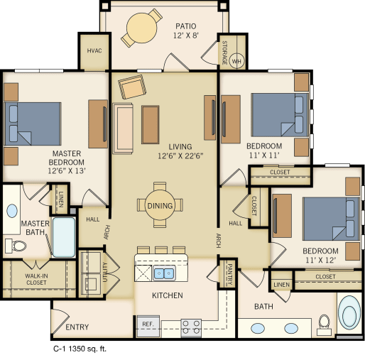 Floor Plan  C-1 Floor Plan at Legacy Creekside Apartments, San Antonio, TX, 78251
