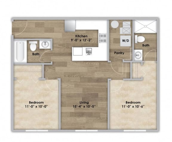 Floor Plan  2 Bedroom - Second or Third Floor Style 202