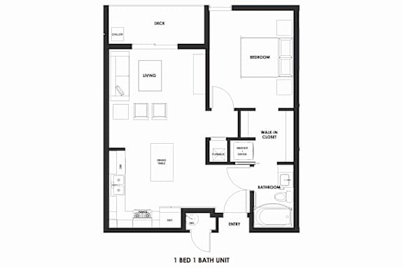 Floor Plan  A black and white image of a 1 bed 1 bath unit floor plan.