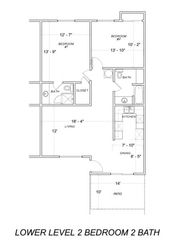 Floor Plan  Our two bedroom, two bathroom apartment lower level floor plan at Midway Gardens Apartments in Escondido, California