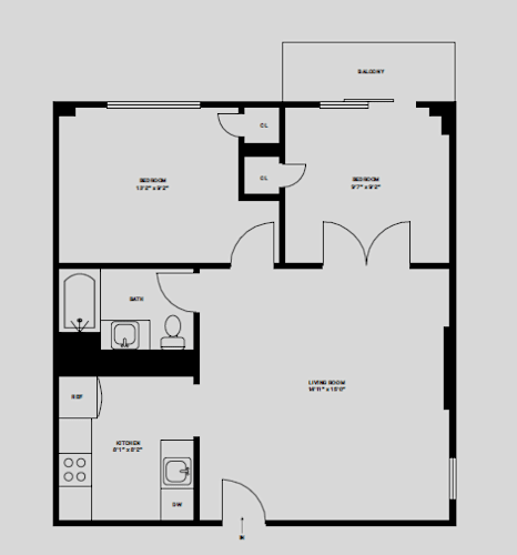 Floor Plan  2 Bed 1 Bath