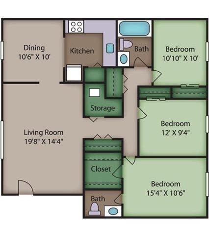 Floor Plan  Oak Floor Plan at Ridgewood Club Apartments, Virginia, 23452